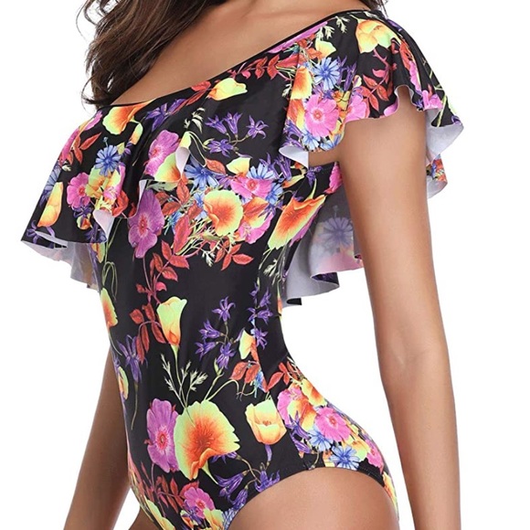 Flower Women’s One Piece Shoulder Swimsuit NWT Black Pink Small - Picture 10 of 16